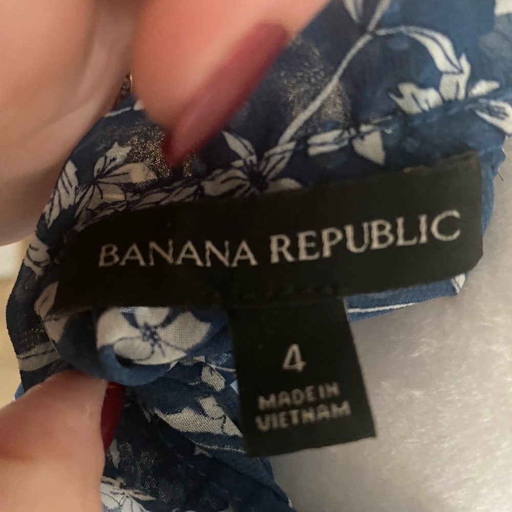 Banana Republic Dress SZ 4 Knee Length Sheer Blue Floral Ruffle Round Neck - Picture 5 of 5